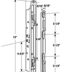 Technical drawing of Multi Point Mortise Latch and Keeper for Sliding Patio Doors, 12 Inch Mounting Holes, dimensions labeled