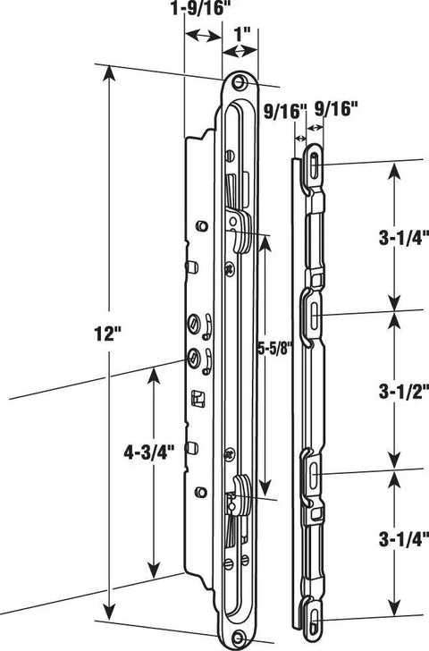 Technical drawing of Multi Point Mortise Latch and Keeper for Sliding Patio Doors, 12 Inch Mounting Holes, dimensions labeled