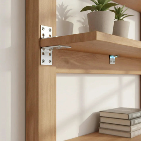 Steel L Bracket Set For Tackling Wobbly Furniture With 90 Degree Corner Braces for shelves, showing wood shelf support with plants.