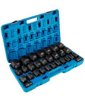 Heavy Duty 3/4 Inch Impact Socket Kit With Shallow Drive Plus Deep Socket 29 Piece Chrome Vanadium Set Featuring 6 Point Grip Design For Lug Nut Removal And Tough Jobs Comes Zippered Carrying Case, open blue case