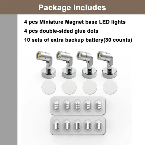 Battery Powered Tiny LED Spotlights 4 Pack With Magnetic Base For Artwork Displays Jewelry Showcases No Wires Wireless Lighting Includes Extra Batteries