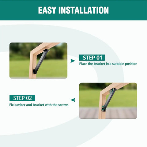 Heavy Duty 12 Pack 45 Degree Angle Support Brackets Built Tough For Decks And Patios shown during easy installation steps.