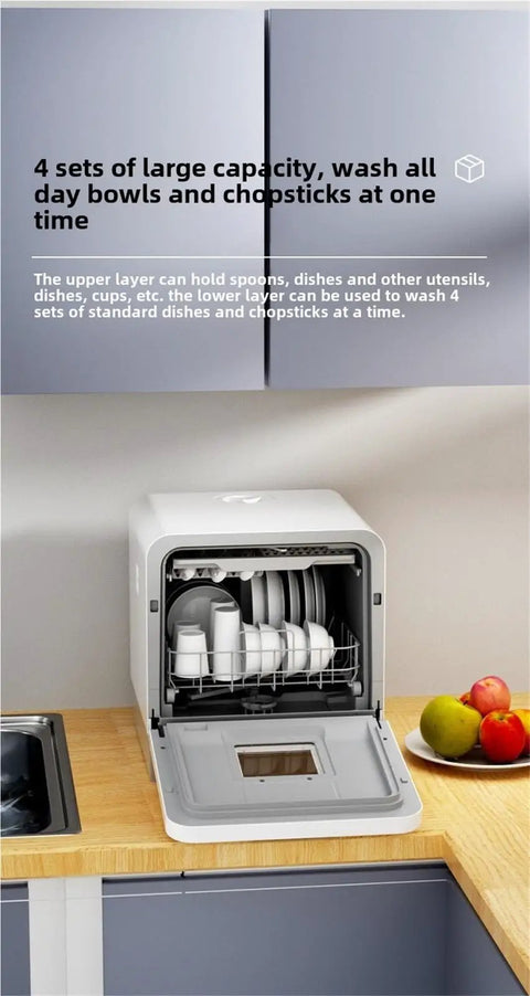 Plug And Play Portable Countertop Dishwasher Automatic Smart Wash System With Built In Storage and Disinfection Mode No Install Headaches Compact size with bowls and chopsticks in view.