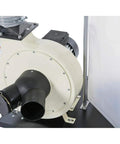 Professional Grade Heavy Duty Two HP Dust Collector Heavy Hitting Beast With Massive Twelve Inch Impeller Pumping One Thousand Five Hundred CFM Straight To Your Shop In White close-up of impeller and exhaust port.