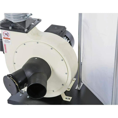 Professional Grade Heavy Duty Two HP Dust Collector Heavy Hitting Beast With Massive Twelve Inch Impeller Pumping One Thousand Five Hundred CFM Straight To Your Shop In White close-up of impeller and exhaust port.