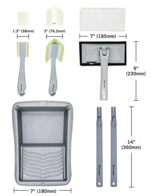 Components of Emulsion Paint Pad Kit 9 Piece Set For Walls And Ceilings With Extension Poles and Corner Detail Applicators visible.