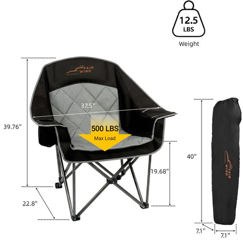 Two Pack Oversized Padded Camping Chair Heavy Duty Quad Fold Arm Chair Portable For Outdoor Use Supports Up To 500 Lbs With Diamond Quilted Cushion For Beastly Comfort Black showing padded design and measurements