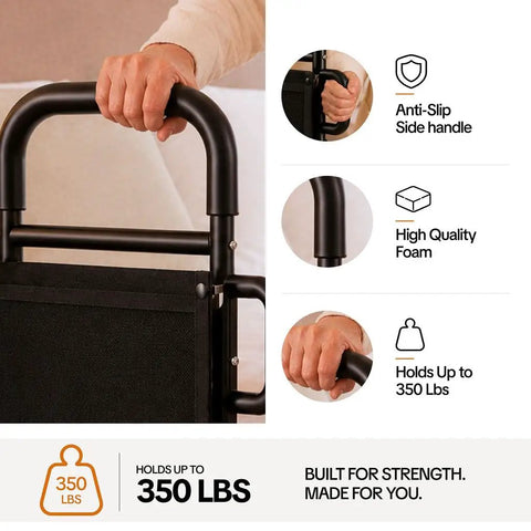Senior Safe Bed Rails For Seniors No Fuss Easy To Install Under Mattress With Adjustable Height And Floor Support Fits King Queen Twin Beds Includes Security Strap Install On Either Side ASTM Approved showing anti-slip handle and foam