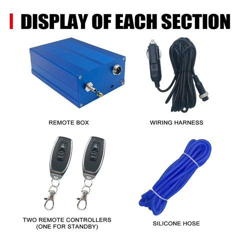 Peastorm Valvetronic exhaust cutout valve controller kit: blue remote box, wiring harness, two remotes, silicone hose.