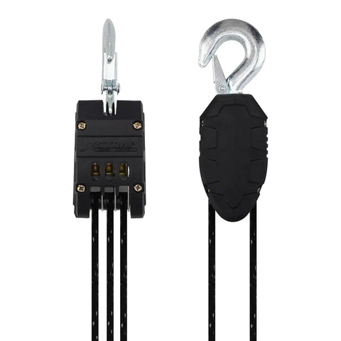 5 To 1 Block And Tackle Pulley Hoist System With 50 Ft Heavy Duty Poly Rope, 2000 Lb Breaking Strength, 1000 Lb Load Capacity, Zinc Plated Steel Wheel Block, Safe Quick Hooks, Includes Two 18 Inch Soft Loops., black 5:1 rope pulley hoist with zinc plated steel hooks