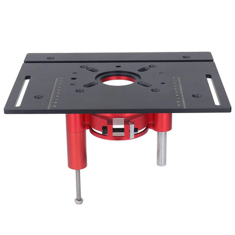 High Grade Router Table Insert Kit With Smooth Crank Handle Height Control For Woodworking showing a red base and black surface for precision setup.