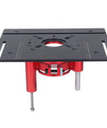 Heavy Duty Router Table Insert Plate With Crank Handle Manual Lifting System Mounting Kit For Rock Solid Precision Woodworking Shop Rig Setup Black Top Shelf Powder Coating Finish, top view with red and black components.