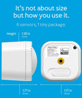 Side and back view of 6 In 1 Z-Wave Plus Smart Sensor Gen7 with motion temperature humidity light lux UV and vibration, dimensions included.