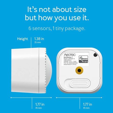Side and back view of 6 In 1 Z-Wave Plus Smart Sensor Gen7 with motion temperature humidity light lux UV and vibration, dimensions included.
