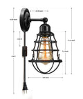 Two Pack Plug In Wall Sconces Set Industrial Wire Cage Black Farmhouse Vintage Wall Lighting with Plug In Cord showing dimensions