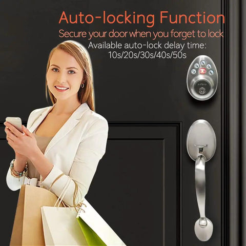 Woman using Keyless Entry Front Door Lock Set With Handle, Electronic Keypad Deadbolt, Auto Lock, Satin Nickel Finish on door