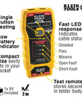 Handheld yellow RJ45 Ethernet Cable Tester with LED indicators and testing capabilities for Cat5e and Cat6 cables from Klein Tools.