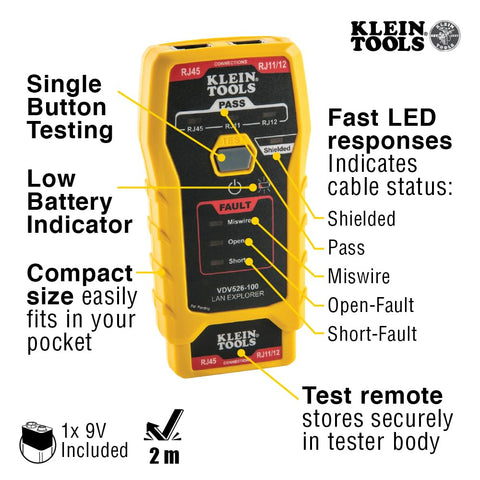 Handheld yellow RJ45 Ethernet Cable Tester with LED indicators and testing capabilities for Cat5e and Cat6 cables from Klein Tools.