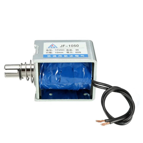 DC 12V 60N 10mm Stroke Pull Type Open Frame Solenoid Electromagnet For Precise Linear Motion With Plunger Spring Return Low Heat Rise JF 1050 Industrial Grade Build For Durable Automation Projects With High Repeatability And Long Life, open-frame solenoid with plunger, spring, and cable