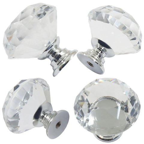 Six Pack Crystal Drawer Knobs 1 Point 2 Inch Diamond Glass Cabinet Knobs with screws, clear finish, chrome base