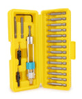 Open yellow case of 20 Piece Drill Driver Swivel Bit Set With 16 Bit Types, Countersink Bits, Quick Change Allen Wrench, Heavy Duty Alloy Steel