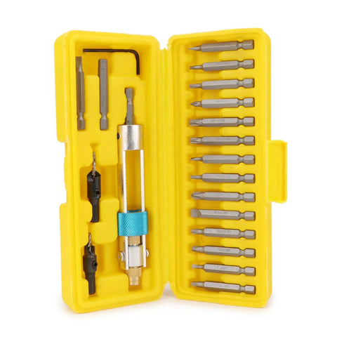 Open yellow case of 20 Piece Drill Driver Swivel Bit Set With 16 Bit Types, Countersink Bits, Quick Change Allen Wrench, Heavy Duty Alloy Steel