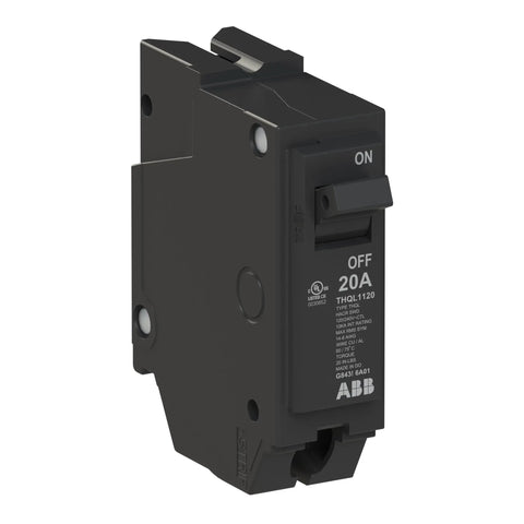 20 Amp Single Pole Circuit Breaker For 120/240 VAC, Thermal Magnetic Plug-On Load Center Protection, 10 kAIC Interrupt Rating, black ABB breaker with ON/OFF switch