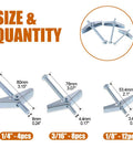 Toggle Bolt And Wing Nut Assortment Kit For Drywall Hanging Heavy Items One Eighth Inch Three Sixteenth Inch One Quarter Inch Twenty Four Pieces Zinc Plated Steel For Strong Rust Resistant Fastening In Homes And Workshops size chart