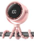 Rechargeable Clip On Baby Stroller Fan with Five Speeds, LED Display, 360 Degree Pivot, shown clipped to a stroller bar