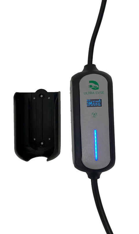 Heavy Duty Electric Vehicle Charger With 25 Foot Cord J1772 Connector and Nema Adapters, featuring LED display and wall mount.