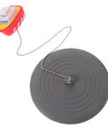 TEHAUX Silicone Bathtub Drain Stopper 6'', gray round stopper with a cartoon top and chain for bathroom use.