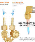 Close-up of Heavy Duty Cutting Torch Kit For Metalworking Be Your Workhorse Oxygen Propane Acetylene Options, showing oxy interface and gas interface connections.