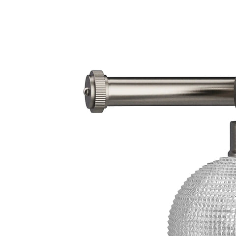 Close-up of Archie Collection 3-Light Bath Vanity Light With Double Prismatic Glass in Antique Nickel, rod and glass detail visible.