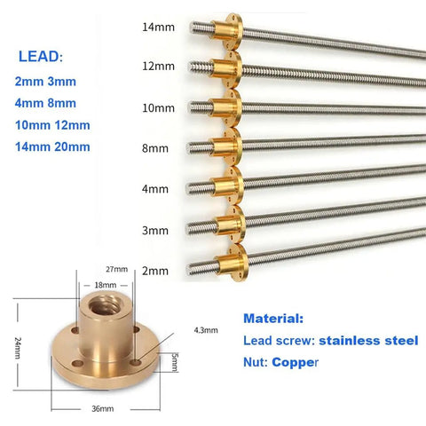 Lead Screw 12mm Diameter Stainless Steel 304 With Copper Nut For 3D Printers CNC Machines And Engraving Tools Multiple Lead Options
