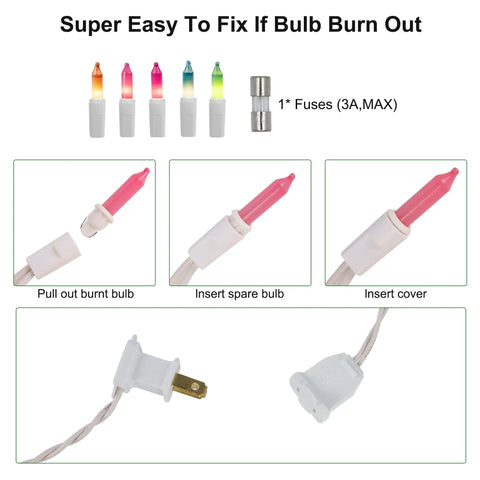 Illustration showing how to replace bulbs in Easter String Lights 50 Count White Wire Pastel Fairy Lights Multicolor 11.5 Ft 120V UL Certified.