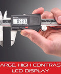Pro Grade Digital Slide Caliper 0 To 8 Inch With 0.0005 Inch Resolution LCD Screen Fine Adjustment Thumb Wheel Inch And Metric Conversion Ergonomic Easy Read For Quick Accurate Measurements in use showing LCD display
