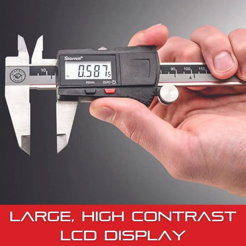 Pro Grade Digital Slide Caliper 0 To 8 Inch With 0.0005 Inch Resolution LCD Screen Fine Adjustment Thumb Wheel Inch And Metric Conversion Ergonomic Easy Read For Quick Accurate Measurements in use showing LCD display