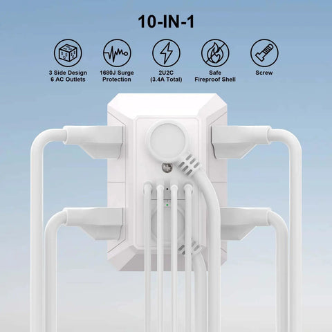 Wall Mount Outlet Extender With Heavy Duty Surge Guard, showcasing 6 AC outlets, 2 USB ports, and secure screw design.