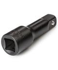 Black metal One Half Inch Drive To Three Inch Impact Extension For Impact Drivers, Increases Reach For Hard To Reach Fasteners, Spring Loaded Detent Ball