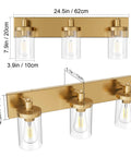 Slick Gold Vanity Light With 3 Lights For Bathroom Over Mirror Modern Wall Sconce With Clear Glass Shades Durable Aluminum Construction 24.5 Inch Long Vanity Lighting Fixture No Bulbs Included, showing measurements and dimensions