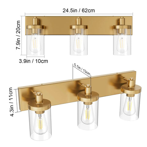 Slick Gold Vanity Light With 3 Lights For Bathroom Over Mirror Modern Wall Sconce With Clear Glass Shades Durable Aluminum Construction 24.5 Inch Long Vanity Lighting Fixture No Bulbs Included, showing measurements and dimensions