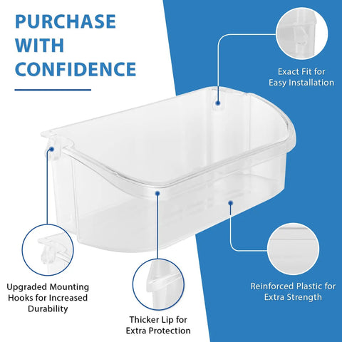 Upgraded Lifetime Door Bin Shelf For Refrigerator Replacement, clear design with reinforced plastic and mounting hooks for durability