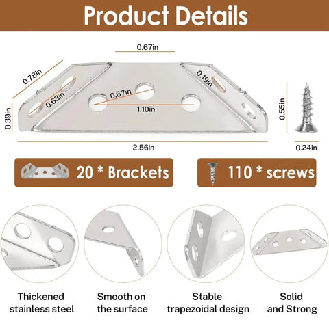 Rock Solid Stainless Steel Corner Brackets For Wood, 20 Piece Set Of Heavy Duty Universal L Brackets dimensions and features.