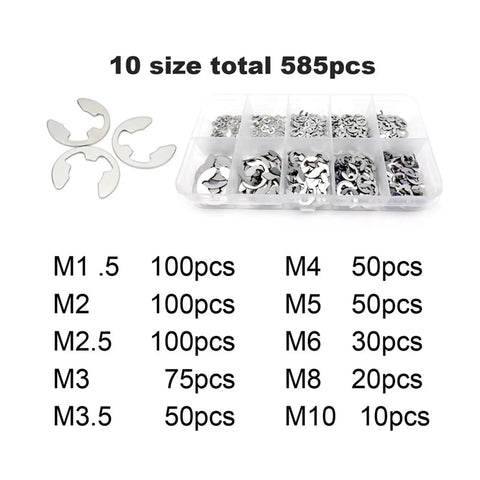 585 Piece External Retaining Ring E Clip Circlip Washer Kit In 304 Stainless Steel And Black 65Mn for shafts, bearings, and gears