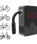 On The Go Portable Electric Mini Bike Pump With 130 PSI Gauge Auto Stop Digital Pressure Display For Presta And Schrader Valves Fast Inflation For Car Motorcycle Bike And Ball LED Readout Compact Air Pump shown next to four different bikes.