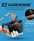 Golf Club And Ball Cleaning Bag With Waterproof Liner And Clean Face Technology held by a gloved hand next to a golf club.