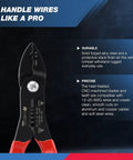 Compact 4 In 1 Wire Stripper Pliers For 12 20 AWG Wiring Crimping Cutting Gripping And Insulation Removal The Go To Electricians Tool For Insulated And Bare Wires A Handy 7 Inch Multi Function Tool, front view showing alloy steel build and red handles.
