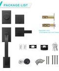 Matte Black Front Door Lock Set With Beefed Up Heavy Duty Handleset And Single Cylinder Deadbolt, package components shown