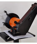 Compact vertical belt sander and bench grinder combo on a black stand for DIY tool sharpening and polishing.