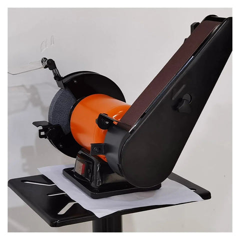 Compact vertical belt sander and bench grinder combo on a black stand for DIY tool sharpening and polishing.